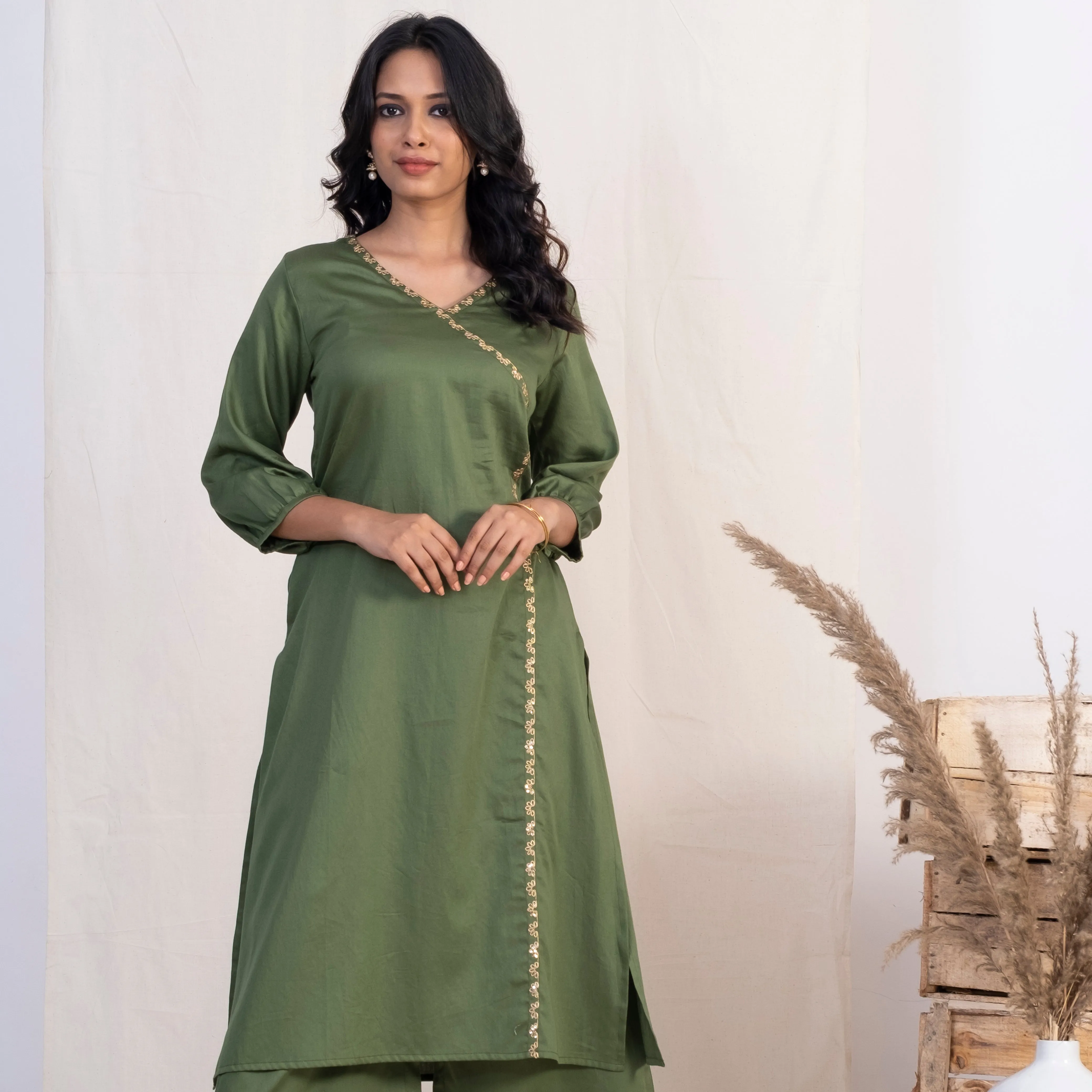 Akiso Green Angrakha Embroidery Kurta With Palazzo And Gold Dupatta (Set of 3)