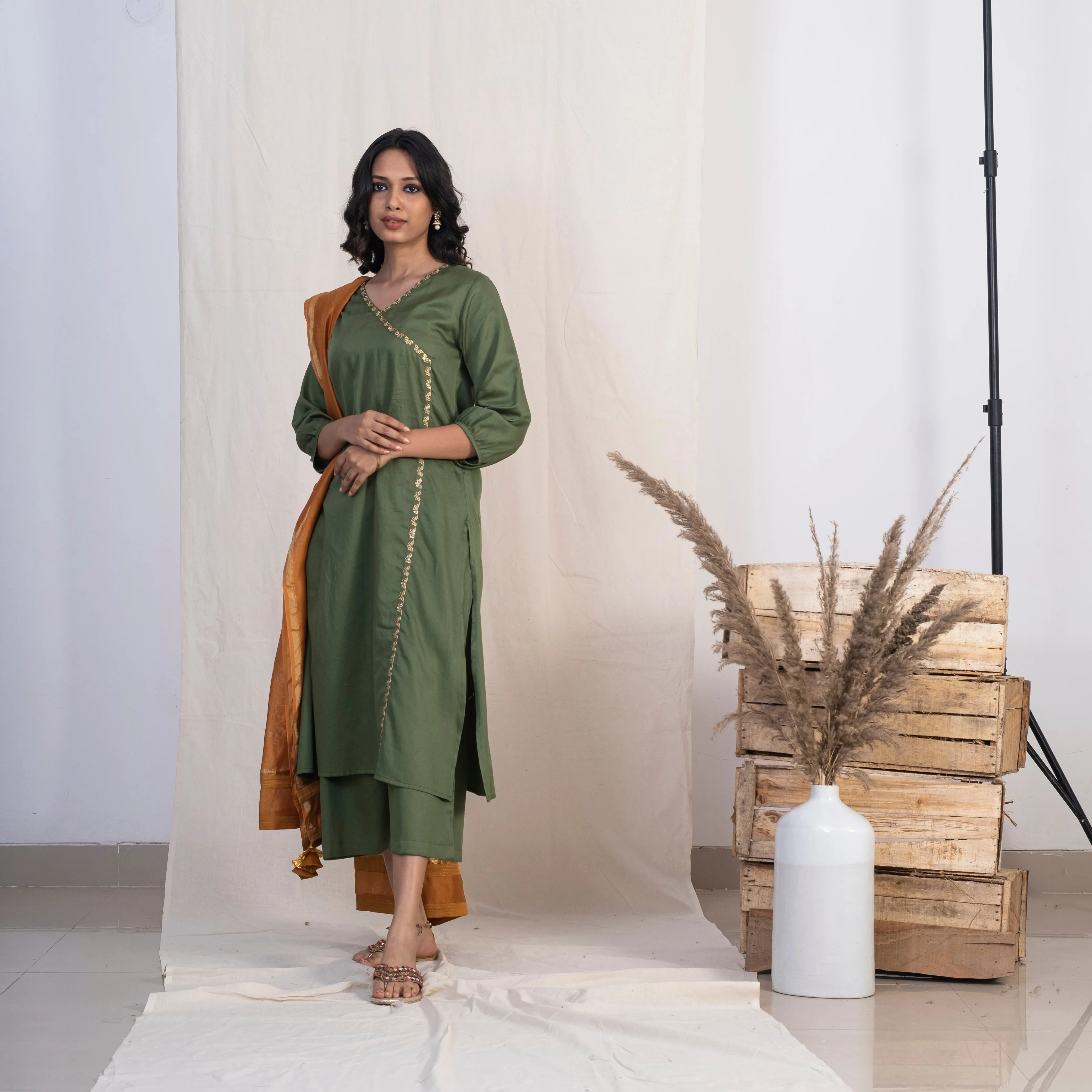 Akiso Green Angrakha Embroidery Kurta With Palazzo And Gold Dupatta (Set of 3)