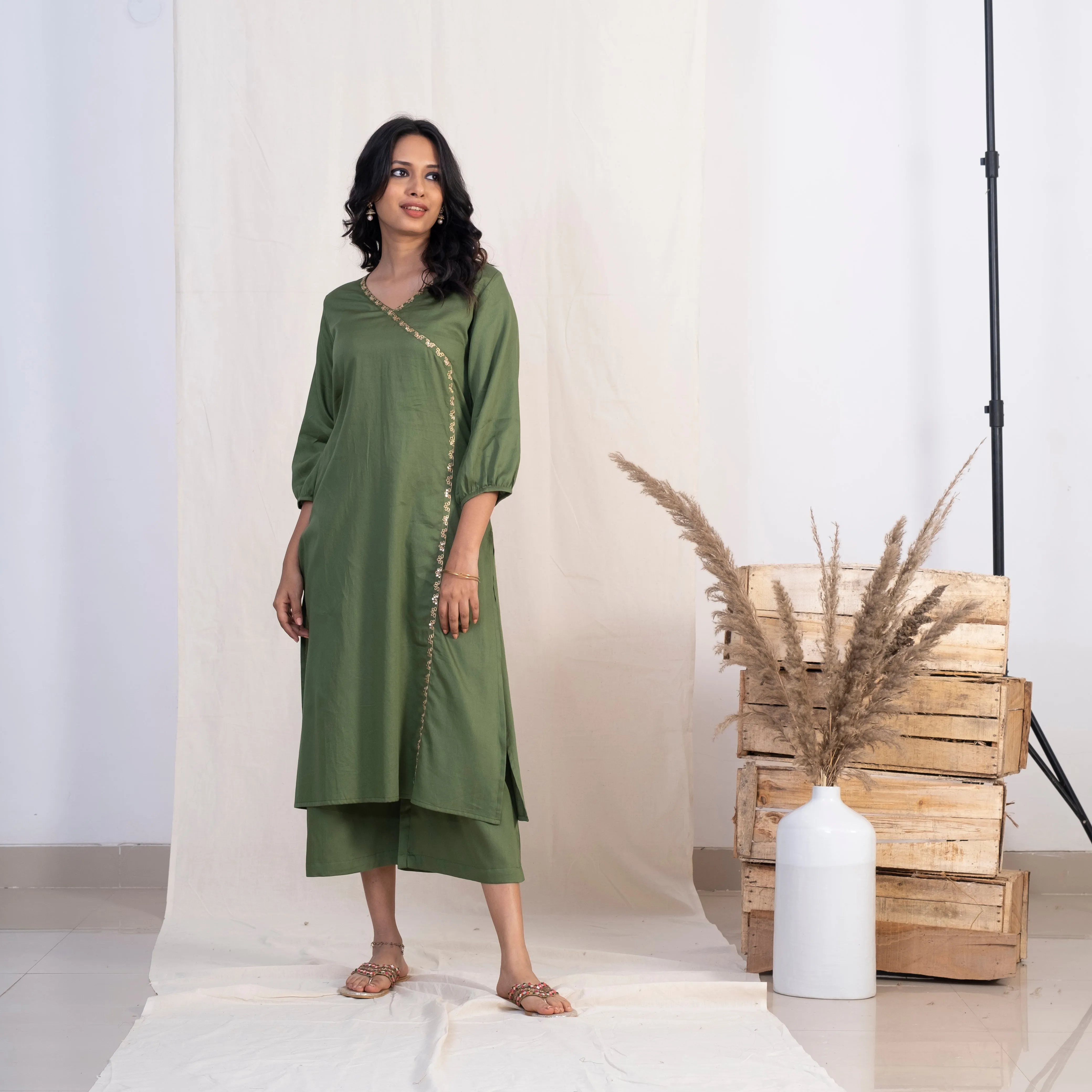 Akiso Green Angrakha Embroidery Kurta With Palazzo And Gold Dupatta (Set of 3)