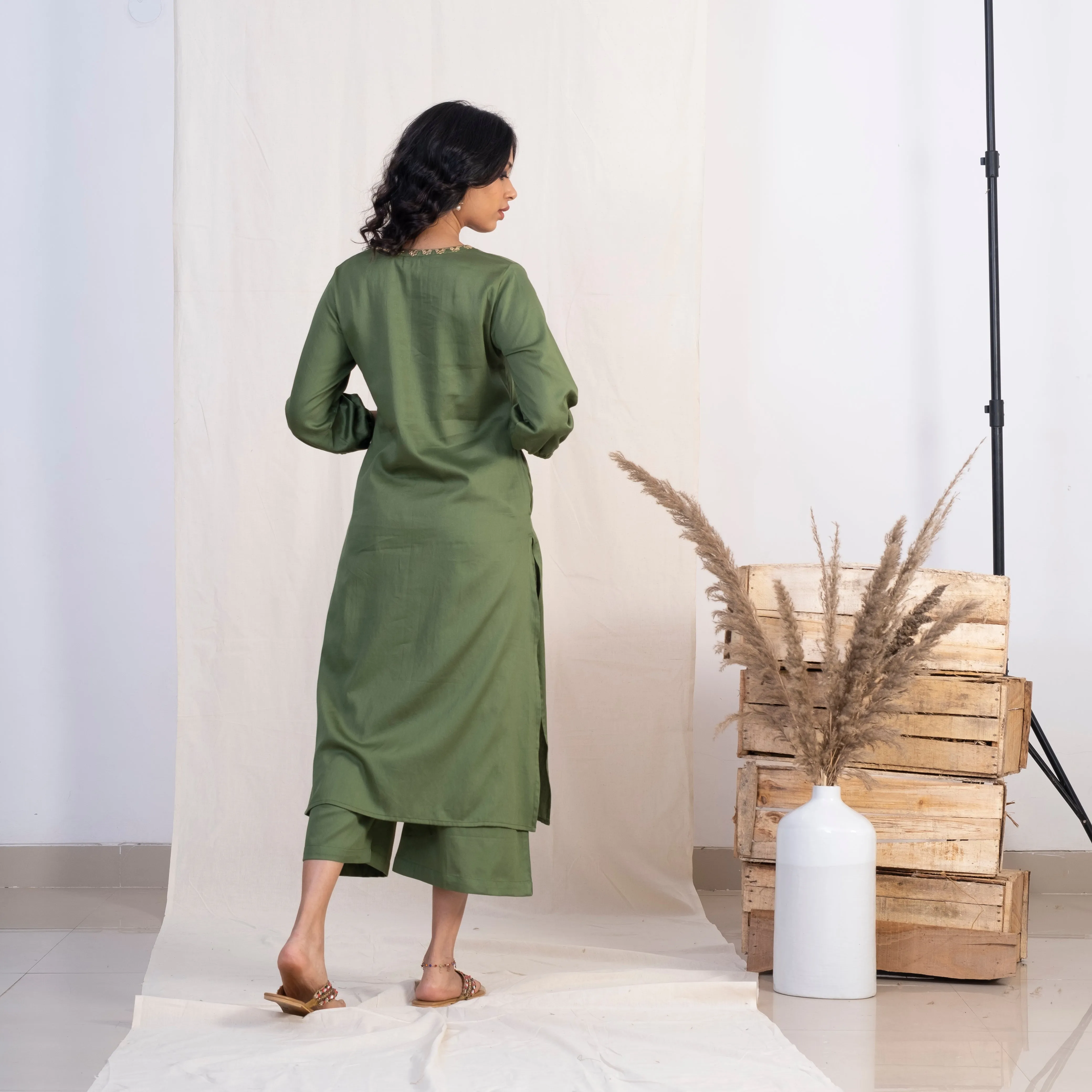 Akiso Green Angrakha Embroidery Kurta With Palazzo And Gold Dupatta (Set of 3)