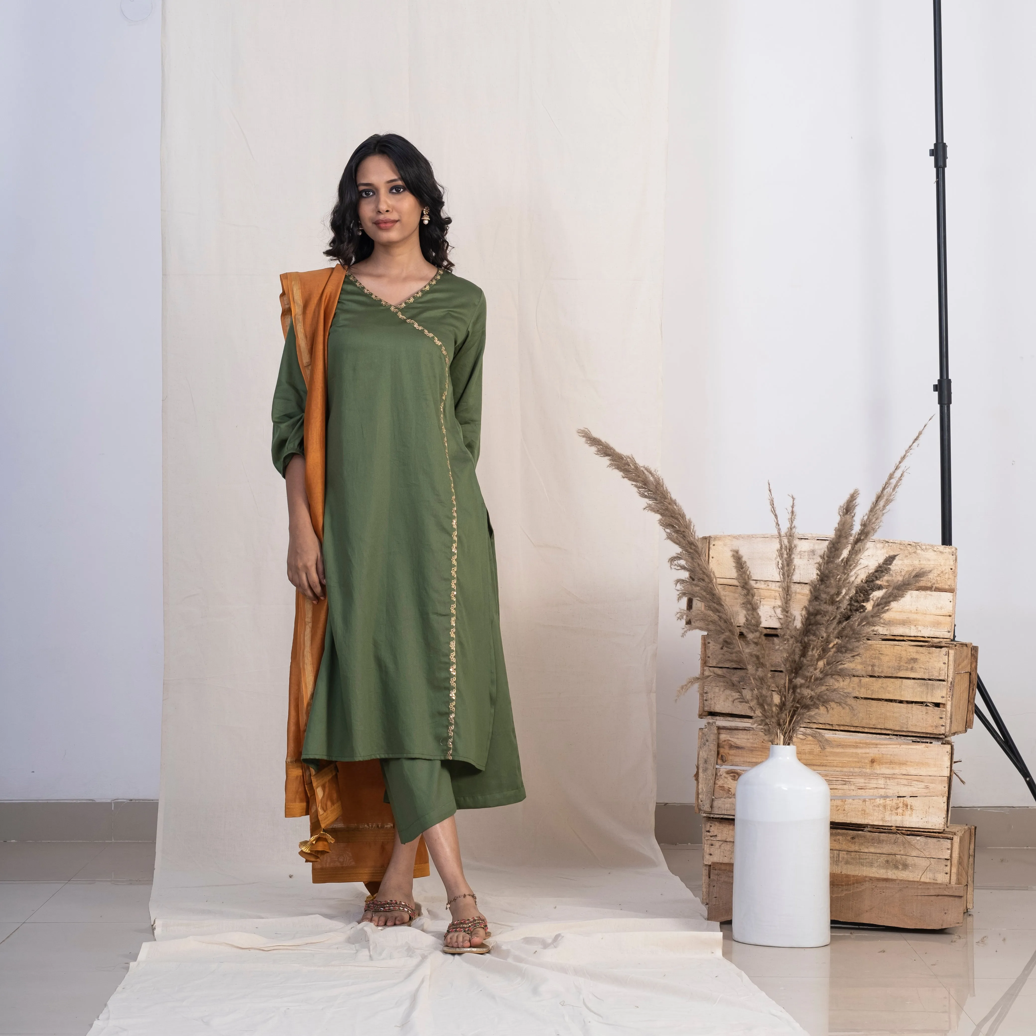 Akiso Green Angrakha Embroidery Kurta With Palazzo And Gold Dupatta (Set of 3)