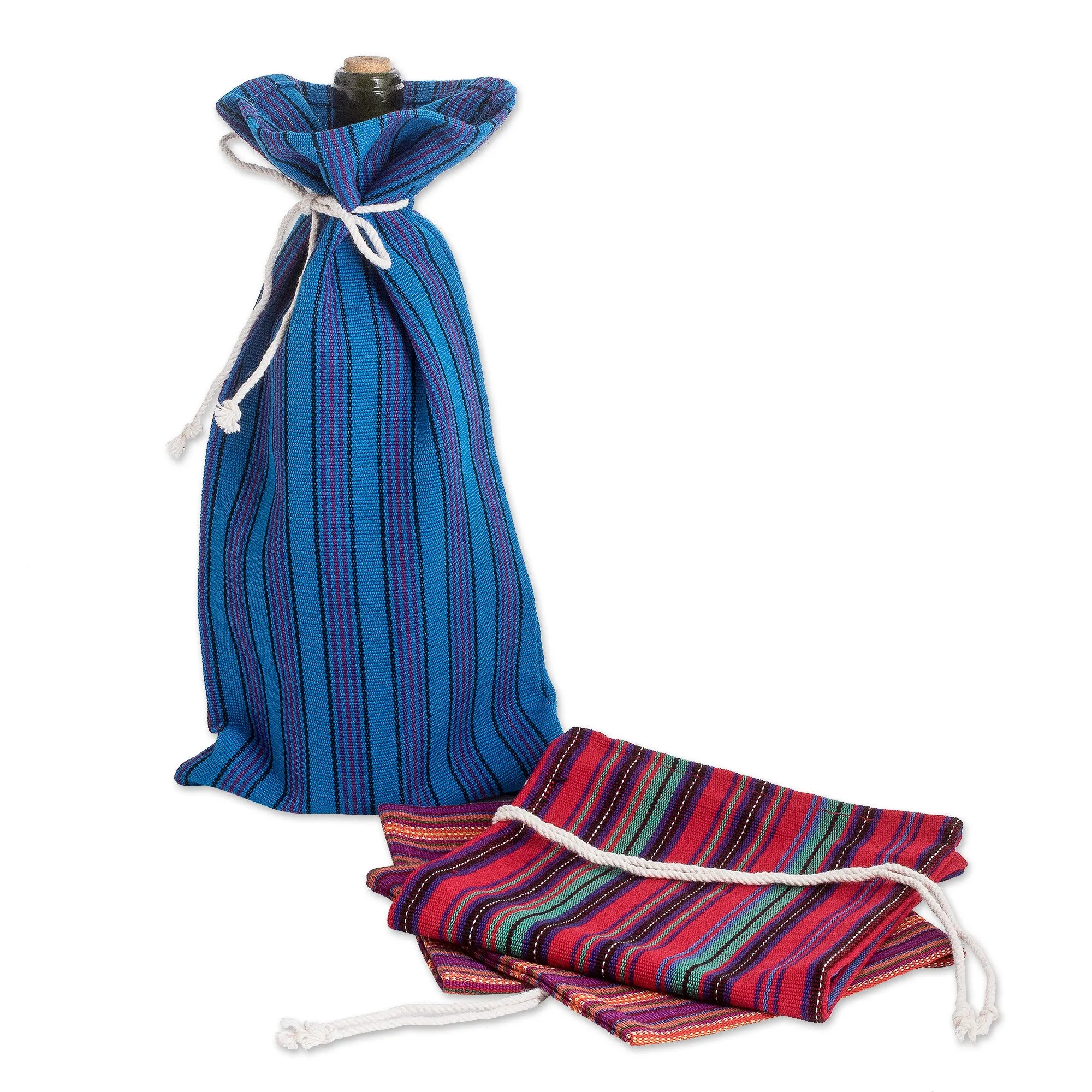Colorful Handwoven Cotton Wine Bottle Bags (Set of 3) - Cheers | NOVICA