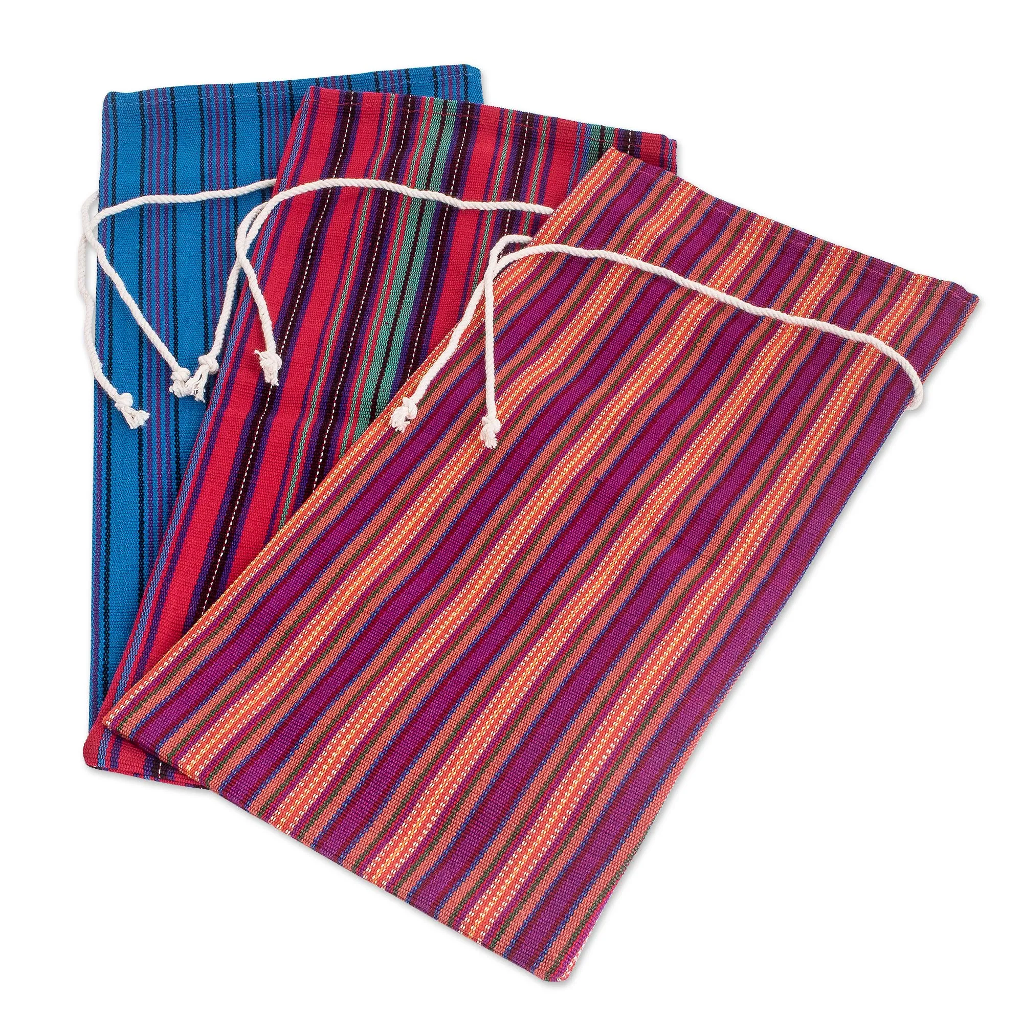 Colorful Handwoven Cotton Wine Bottle Bags (Set of 3) - Cheers | NOVICA