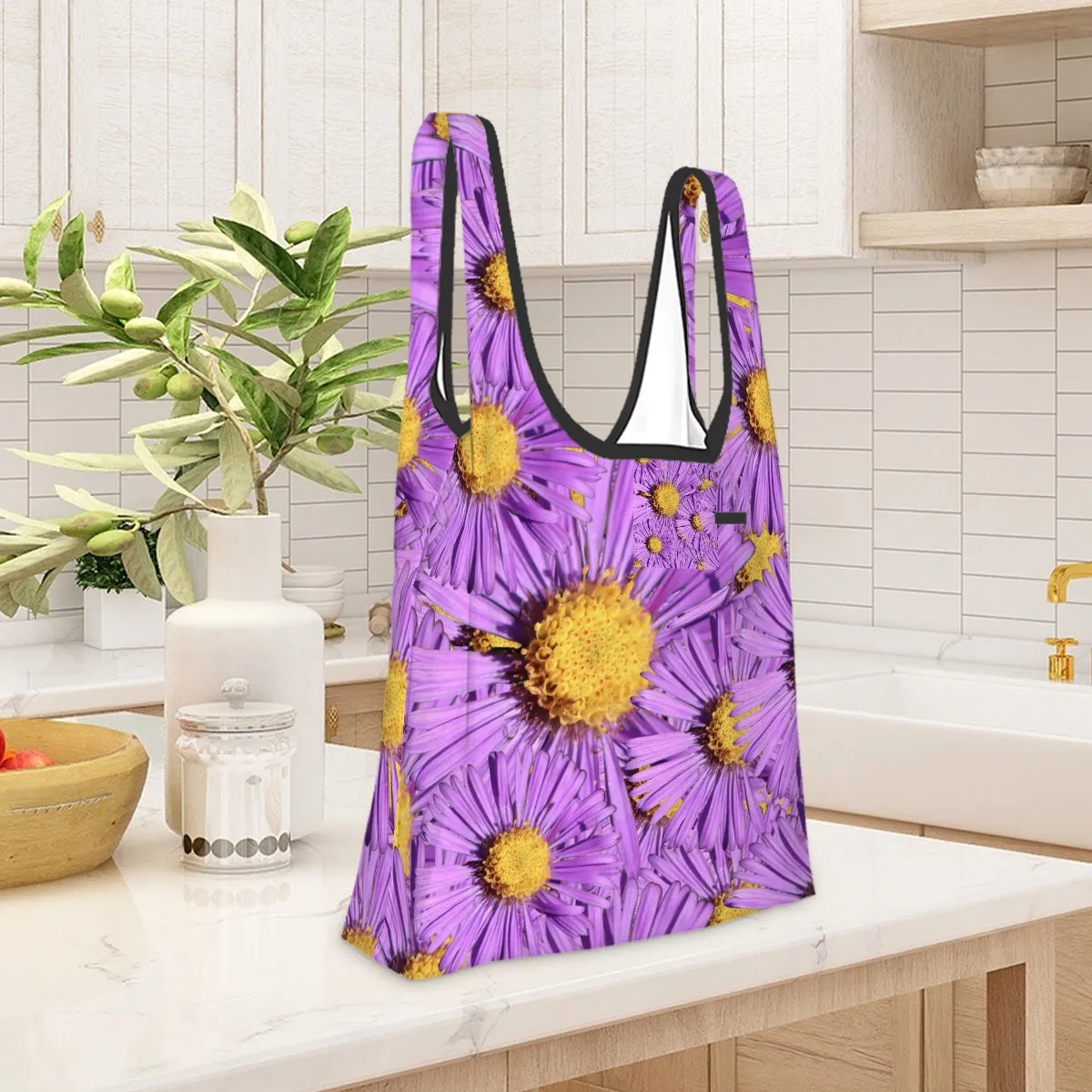 Folding Shopping Bag (Polyester with storage pouch) Purple Aster 1