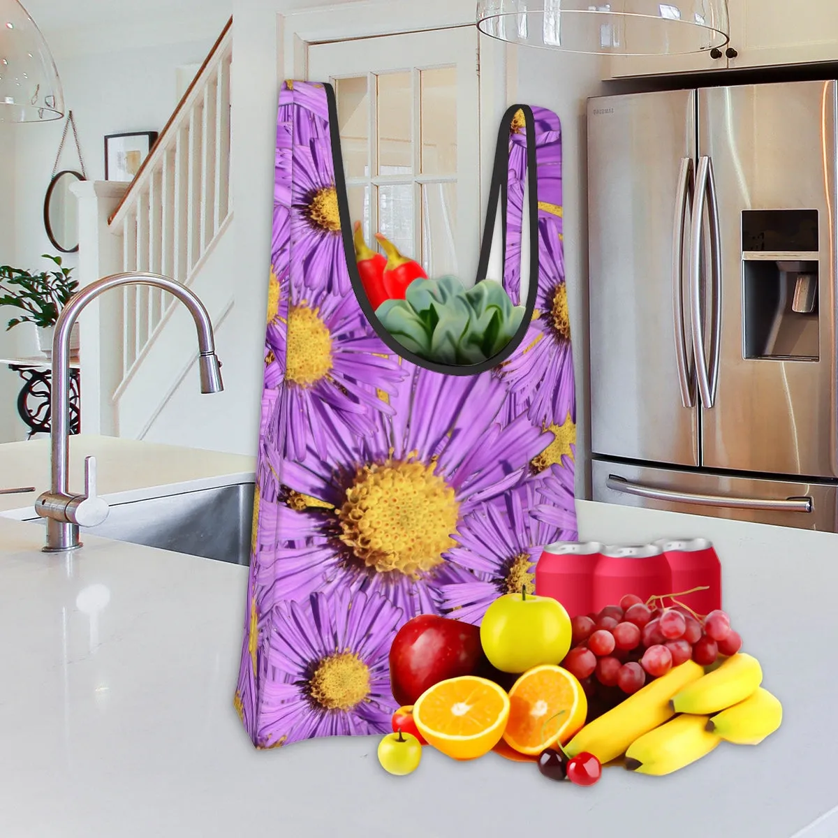Folding Shopping Bag (Polyester with storage pouch) Purple Aster 1
