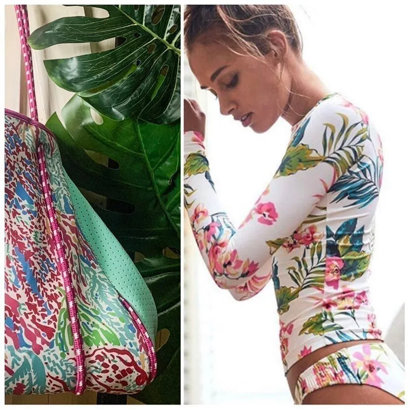 new Pink Coral Reef Neoprene Tote waterproof bag hot pink paracords & interior   aqua turquoise sides w baseboard rain snow shore 2023