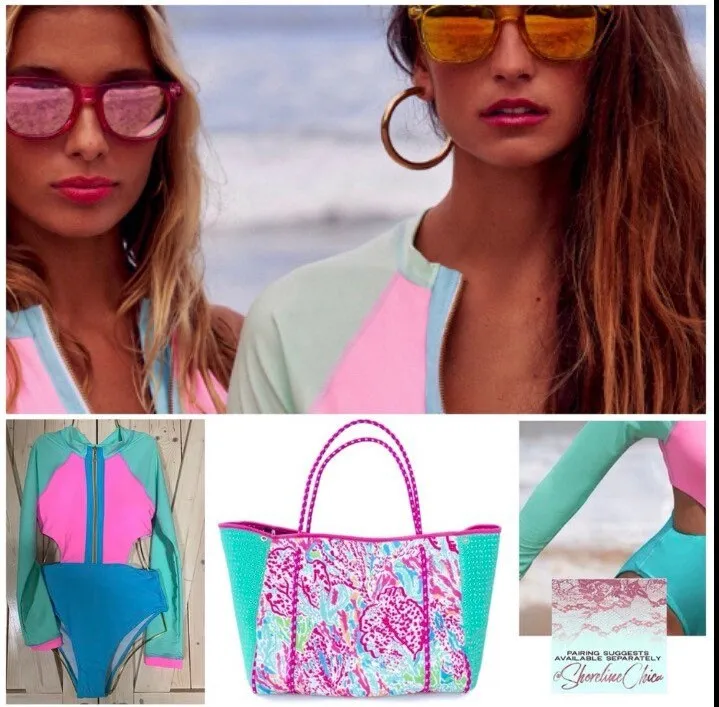 new Pink Coral Reef Neoprene Tote waterproof bag hot pink paracords & interior   aqua turquoise sides w baseboard rain snow shore 2023