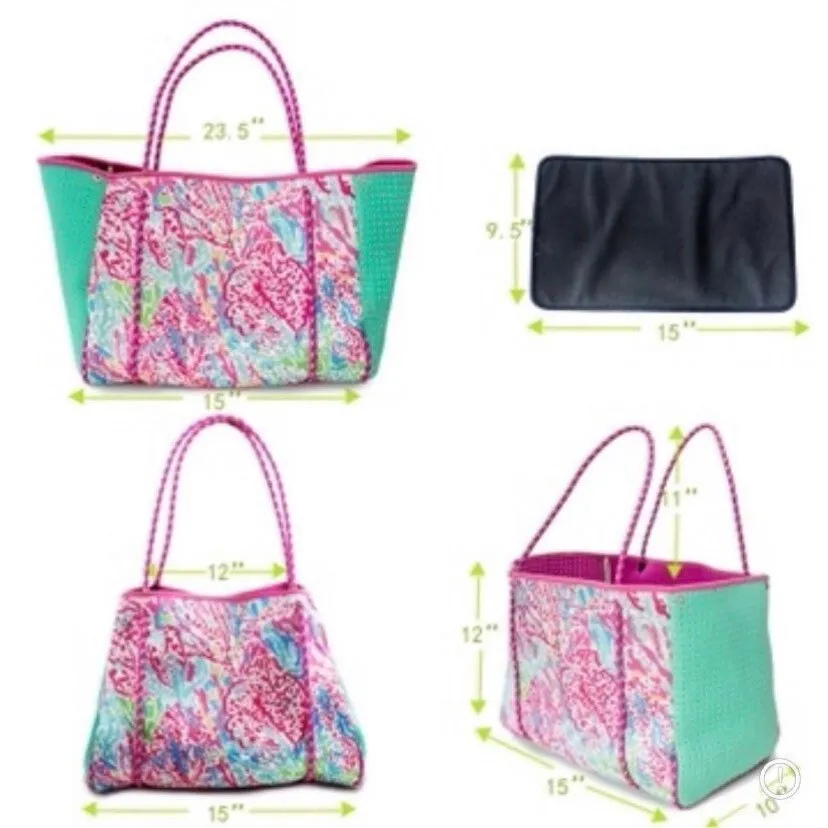 new Pink Coral Reef Neoprene Tote waterproof bag hot pink paracords & interior   aqua turquoise sides w baseboard rain snow shore 2023