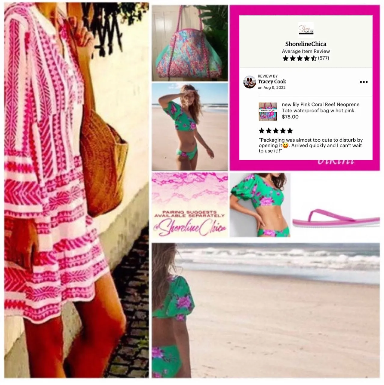 new Pink Coral Reef Neoprene Tote waterproof bag hot pink paracords & interior   aqua turquoise sides w baseboard rain snow shore 2023