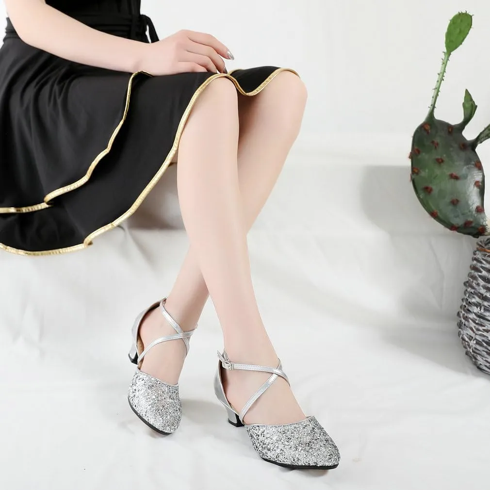 Parisuit Womens Glitter Latin Ballroom Dance Shoes Closed Toe Ankle Cross Strap Mary Jane Pumps Sparkly Sequin Tango Party Wedding Performence Dancing Heels