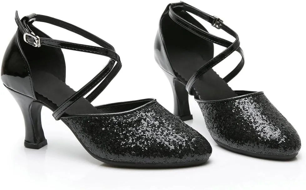 Parisuit Womens Glitter Latin Ballroom Dance Shoes Closed Toe Ankle Cross Strap Mary Jane Pumps Sparkly Sequin Tango Party Wedding Performence Dancing Heels