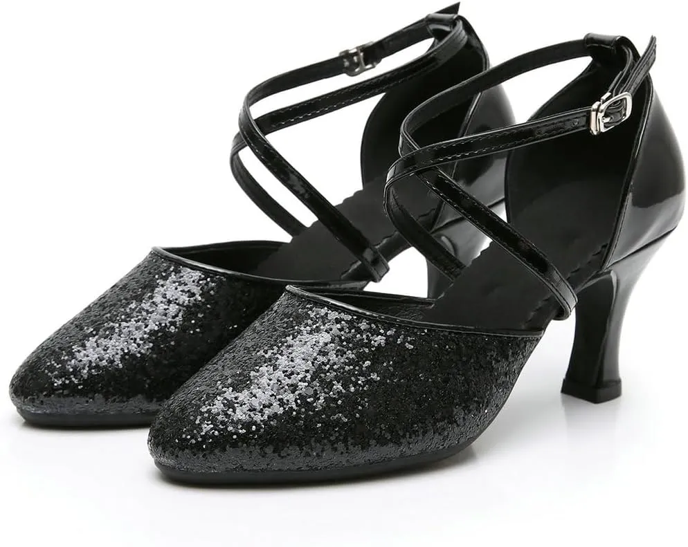 Parisuit Womens Glitter Latin Ballroom Dance Shoes Closed Toe Ankle Cross Strap Mary Jane Pumps Sparkly Sequin Tango Party Wedding Performence Dancing Heels