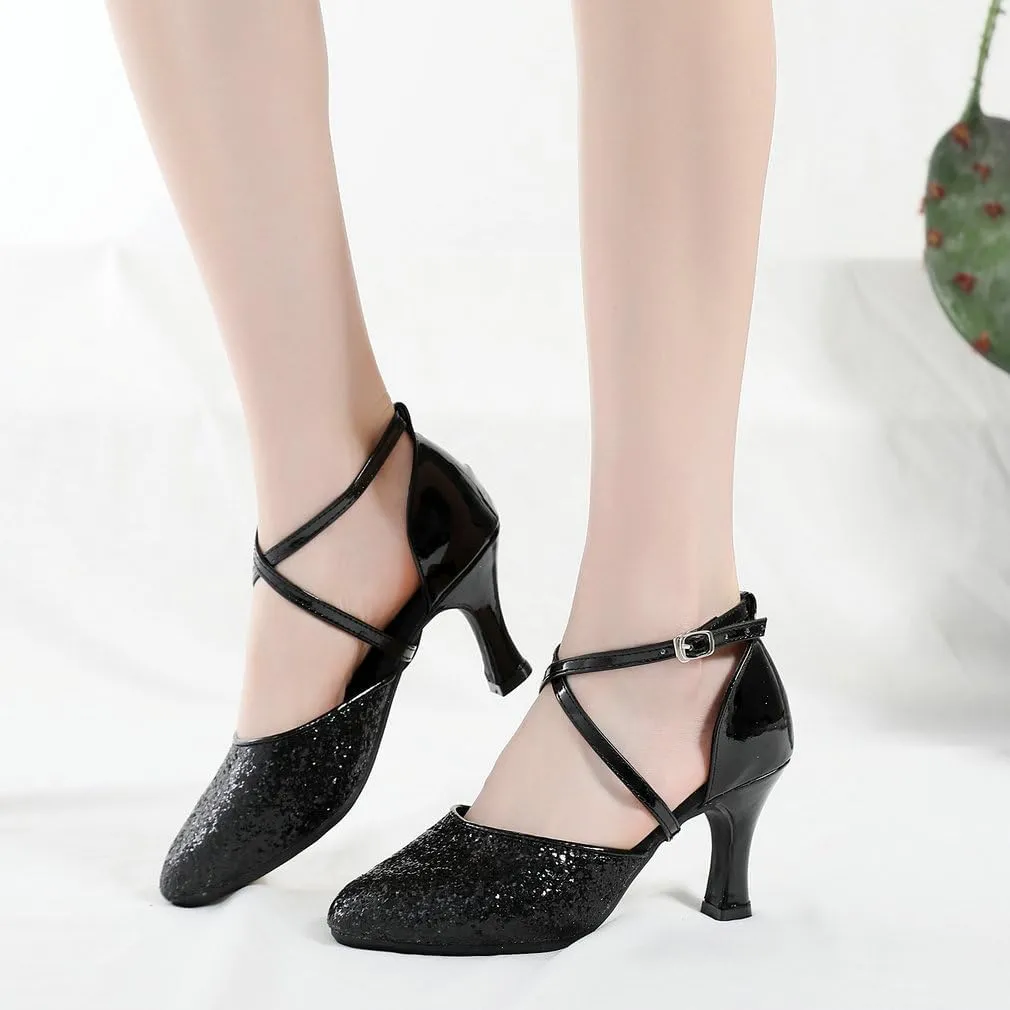 Parisuit Womens Glitter Latin Ballroom Dance Shoes Closed Toe Ankle Cross Strap Mary Jane Pumps Sparkly Sequin Tango Party Wedding Performence Dancing Heels