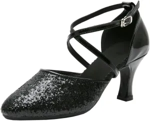 Parisuit Womens Glitter Latin Ballroom Dance Shoes Closed Toe Ankle Cross Strap Mary Jane Pumps Sparkly Sequin Tango Party Wedding Performence Dancing Heels