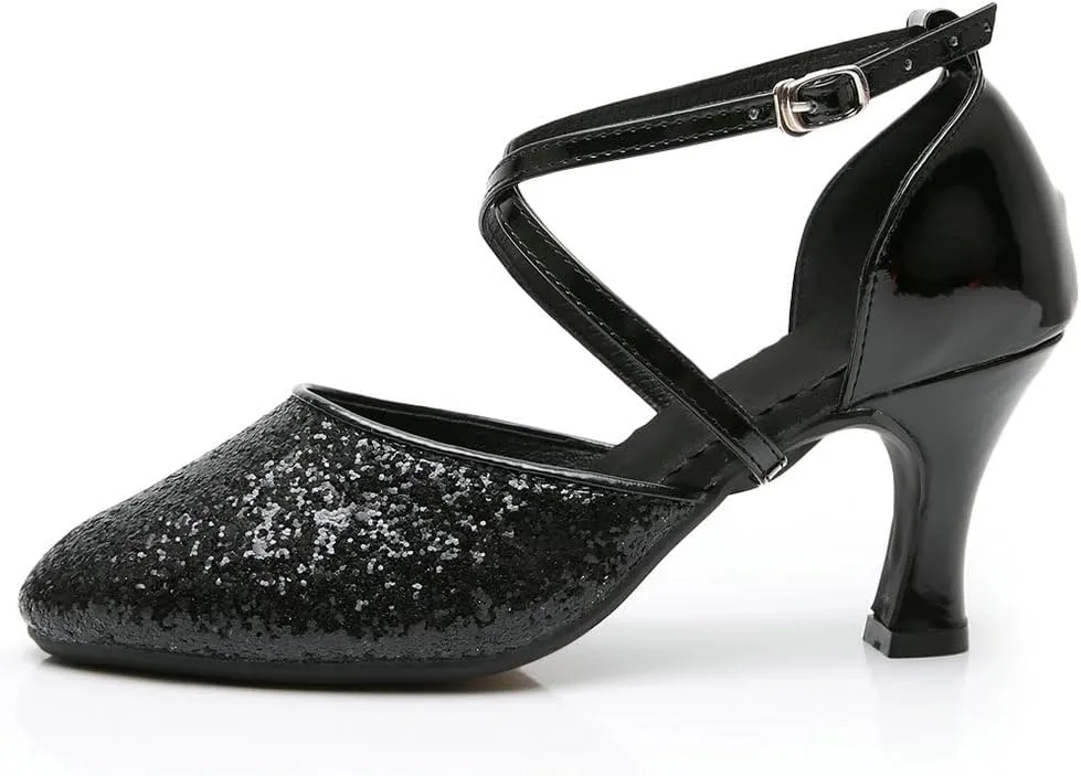 Parisuit Womens Glitter Latin Ballroom Dance Shoes Closed Toe Ankle Cross Strap Mary Jane Pumps Sparkly Sequin Tango Party Wedding Performence Dancing Heels