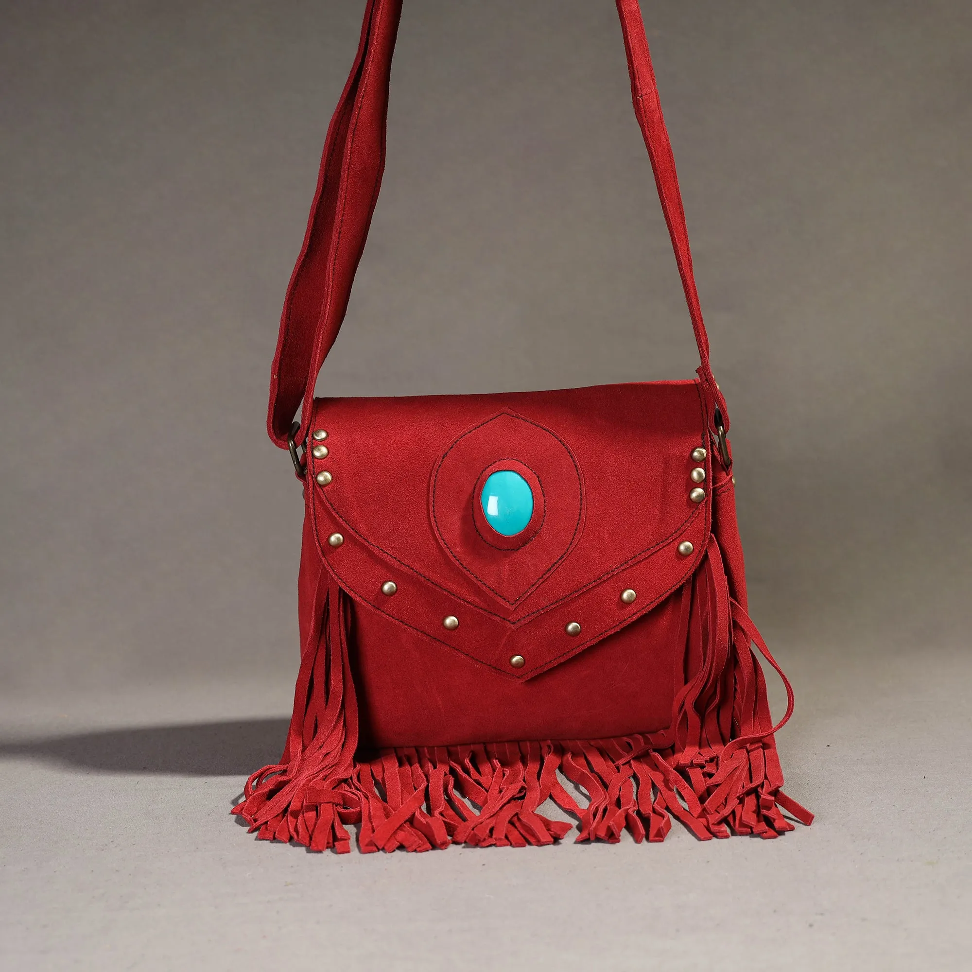 Red - Handcrafted Suede Leather Fringe Sling Bag with Turquoise Stone