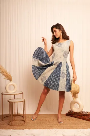 Sleeveless Blue Shibori Print Flare Dress