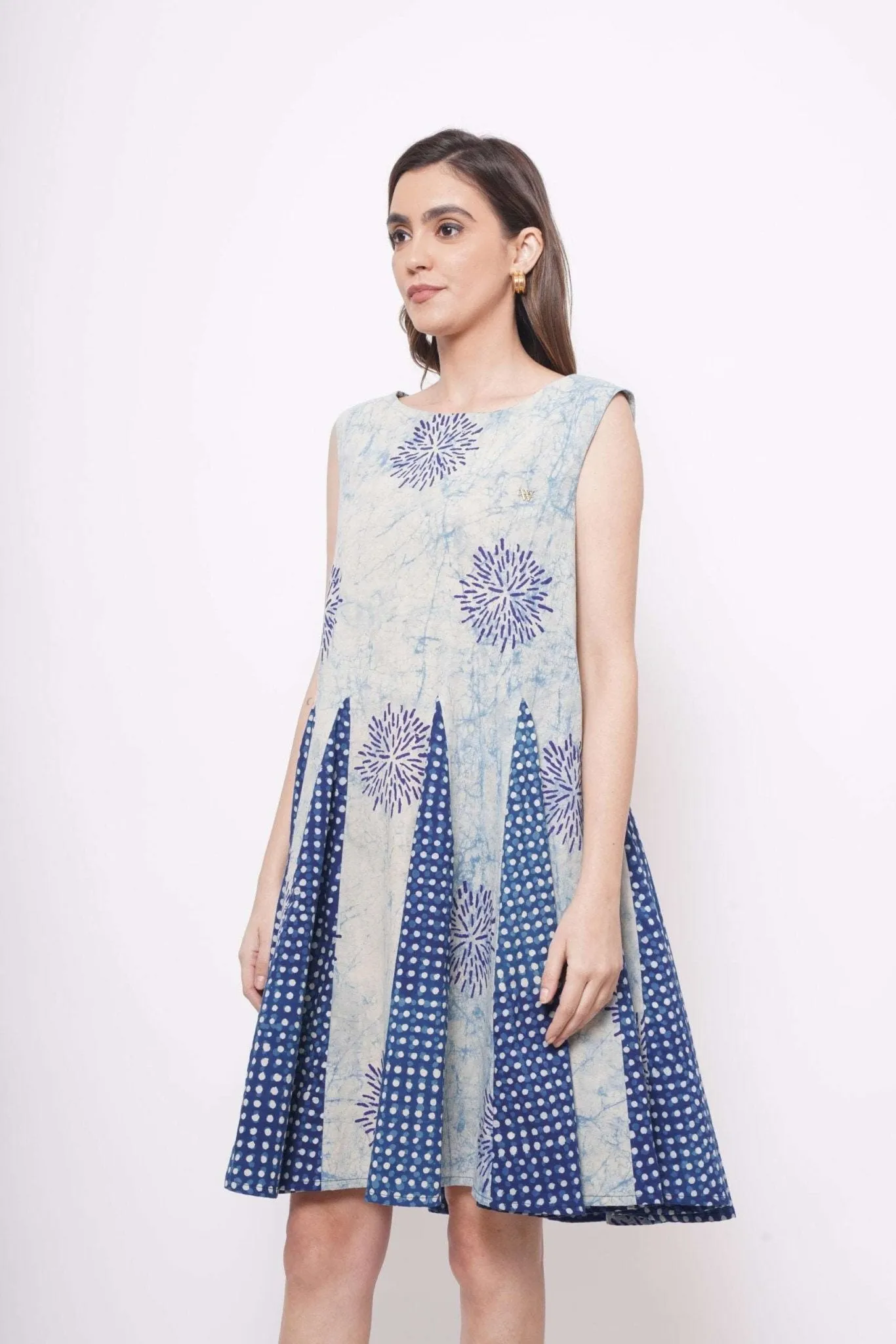 Sleeveless Blue Shibori Print Flare Dress