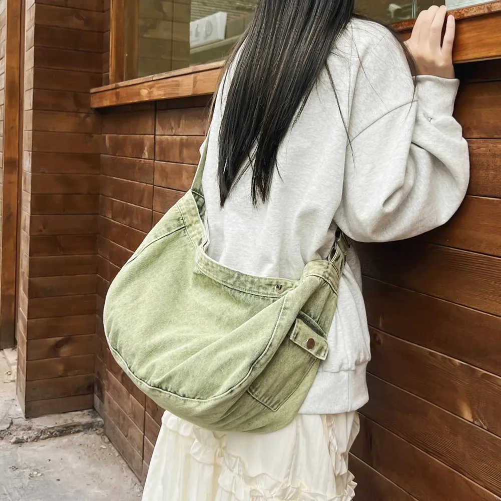 Sohiwoo Canvas Retro Ladies Commute Bag Denim Versatile Shoulder Bag Solid Color Women Crossbody Bag Large Capacity Casual Messenger Bag