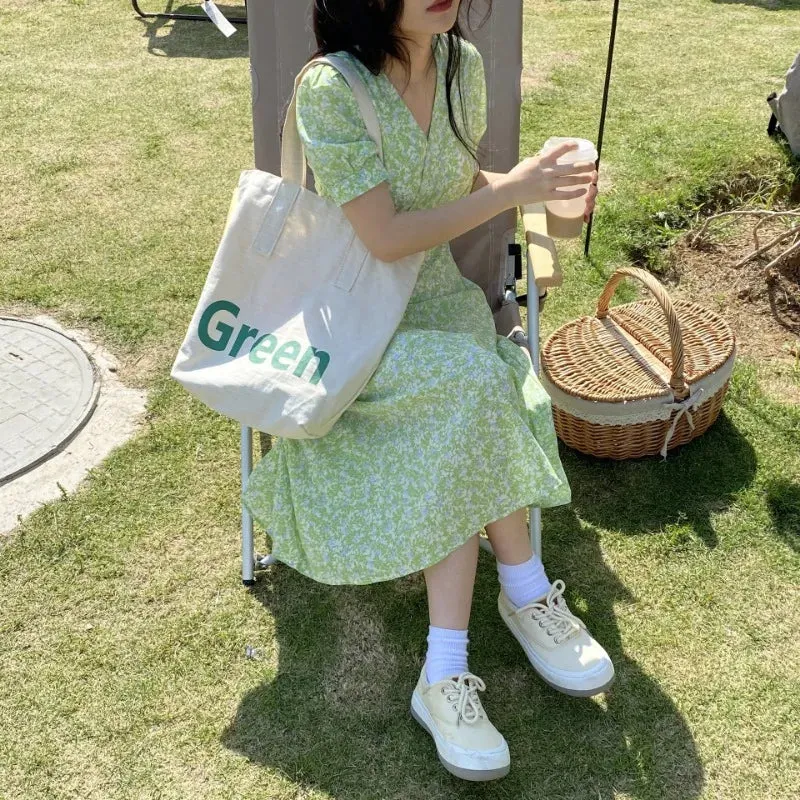 Sohiwoo GREEN Letter Shoulder Canvas Bag Design Simple Versatile Ins Students Go Shopping in Class Handbag Summer