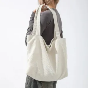 Sohiwoo Ladies Corduroy Casual Handbag Solid Color Shopper Bag Winter Women's Fashion Tote Bag Large Commuting Bags Vintage Shoulder Bag