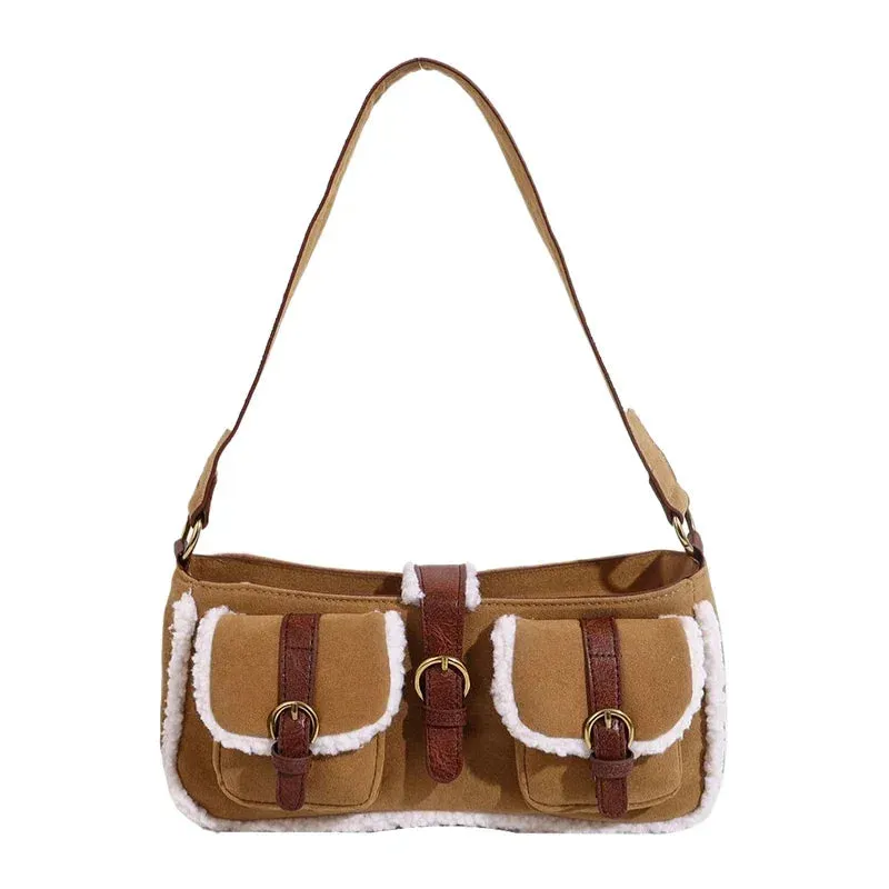 Sohiwoo New Retro Fur Suede Versatile Plush Shoulder Bags Winter 2024 High Quality High-value Splicing Niche Lamb Wool Top-Handle Bags